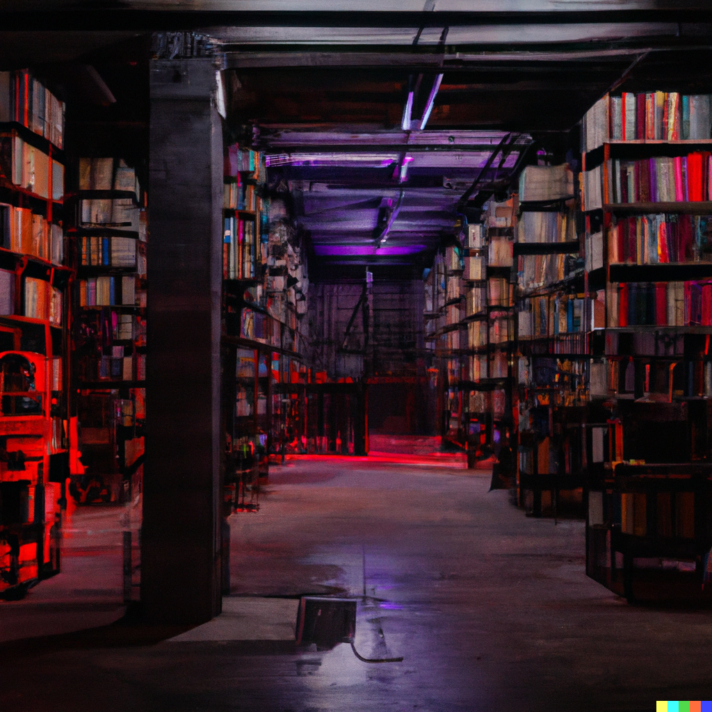 DALL·E 2022-09-15 22.21.15 - A dim room with a library 50 meters high and inside books with a dark cover.png