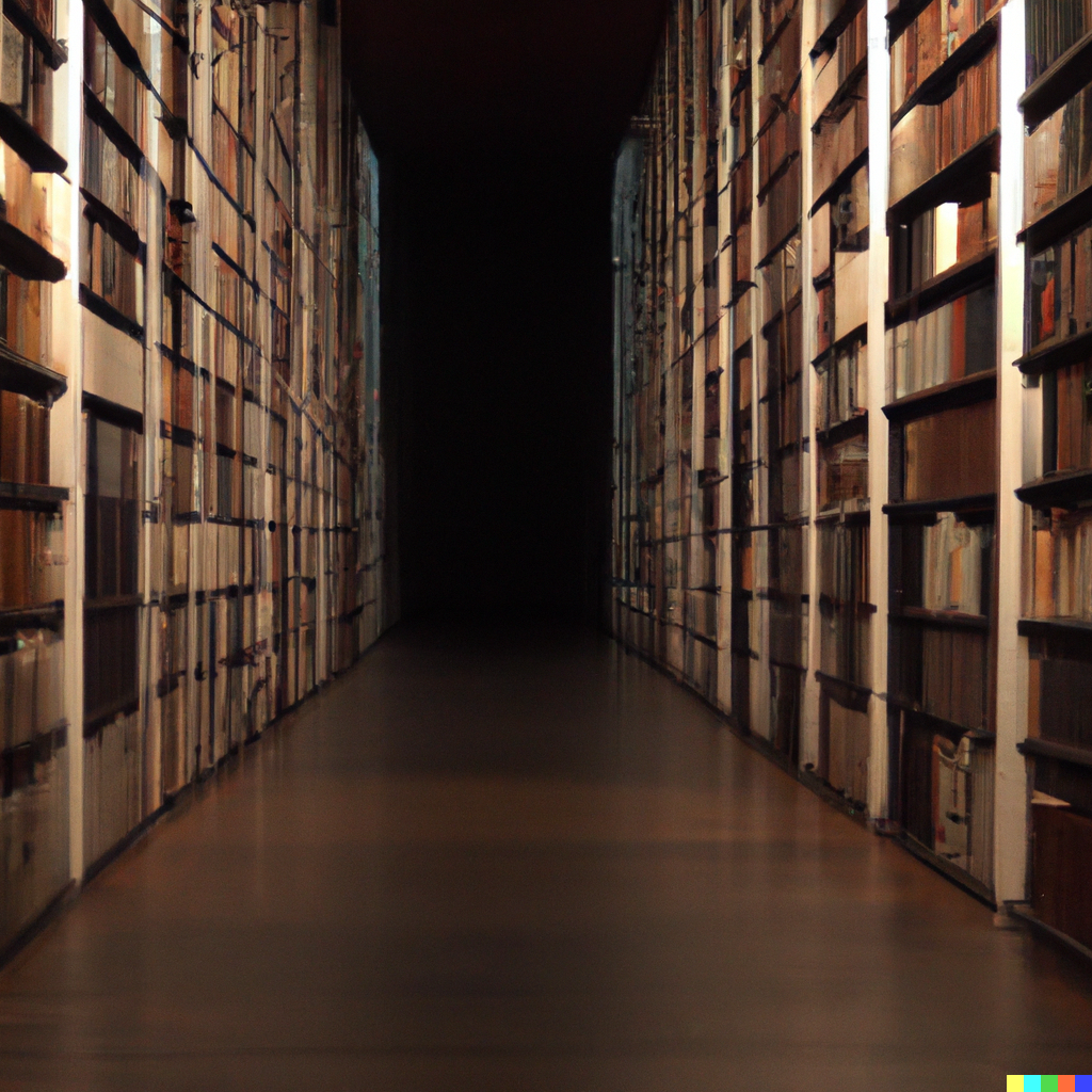 DALL·E 2022-09-15 22.21.33 - A dim room with a library 50 meters high and inside books with a dark cover.png