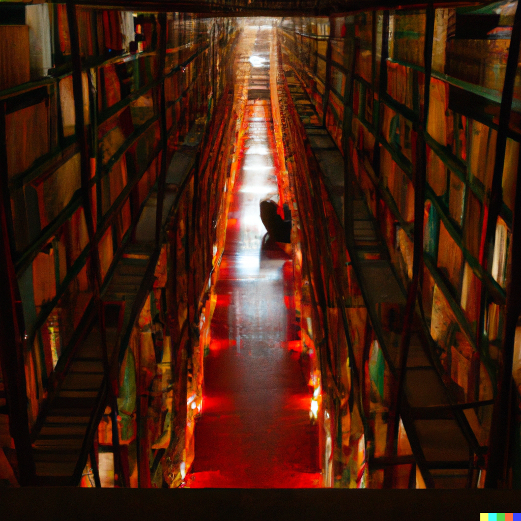DALL·E 2022-09-15 22.23.06 - A dim room with a library 50 meters high and inside books with a dark cover.png