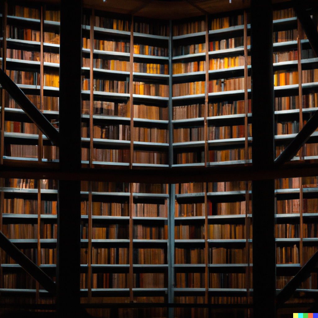 DALL·E 2022-09-15 22.22.49 - A dim room with a library 50 meters high and inside books with a dark cover.png
